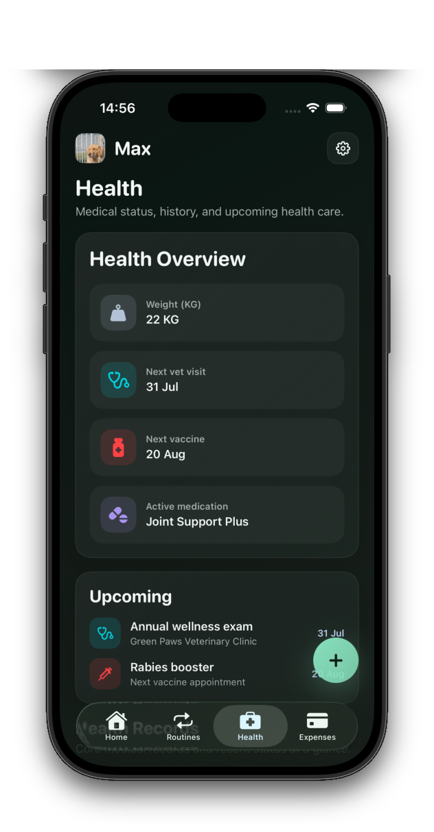 CareMate health overview showing weight, upcoming appointments, vaccines, and medication